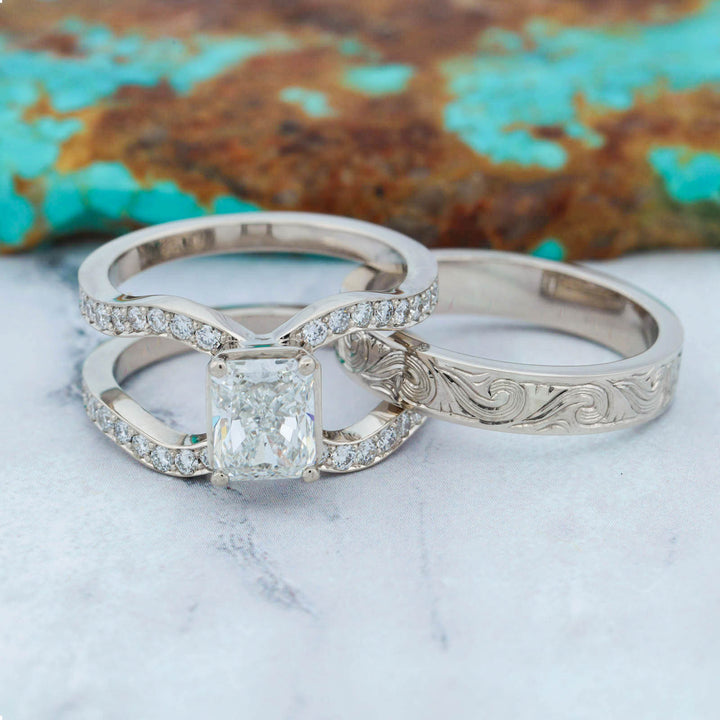 Radiant Diamond Pave Ring with Matching Hand Engraved Scroll Band