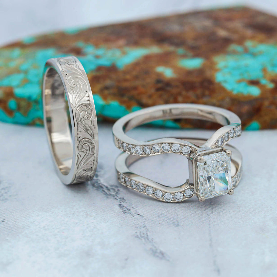 Radiant Diamond Pave Ring with Matching Hand Engraved Scroll Band
