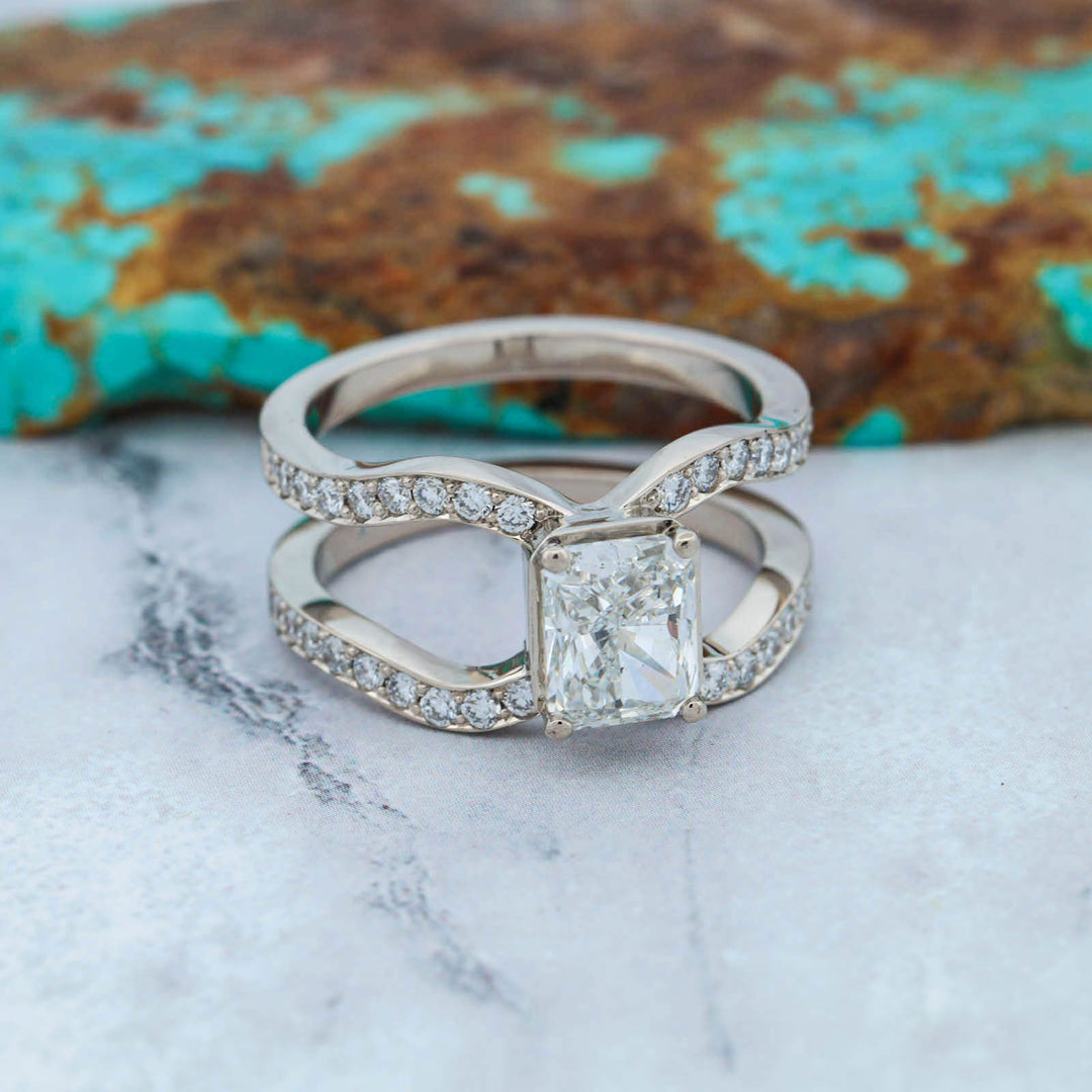 Radiant Diamond Pave Ring with Matching Hand Engraved Scroll Band
