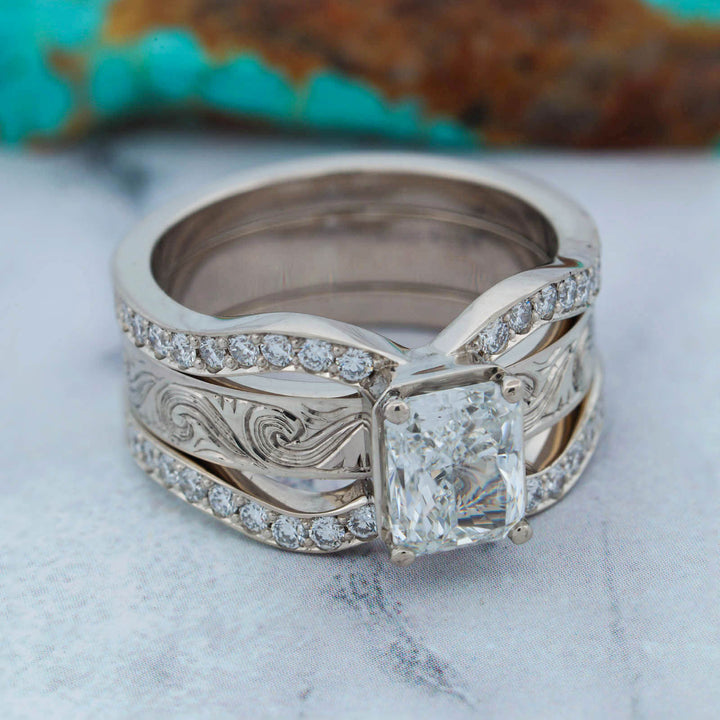 Radiant Diamond Pave Ring with Matching Hand Engraved Scroll Band