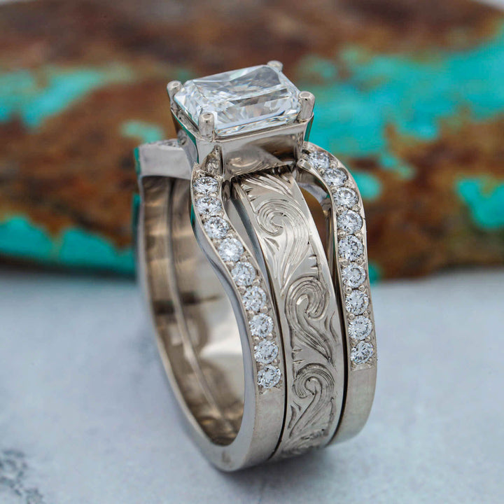 Radiant Diamond Pave Ring with Matching Hand Engraved Scroll Band