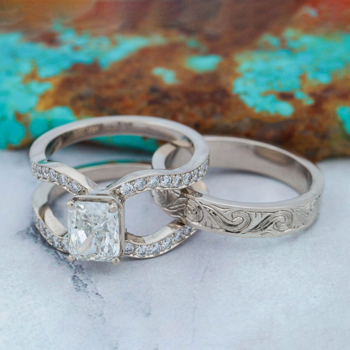 Radiant Diamond Pave Ring with Matching Hand Engraved Scroll Band