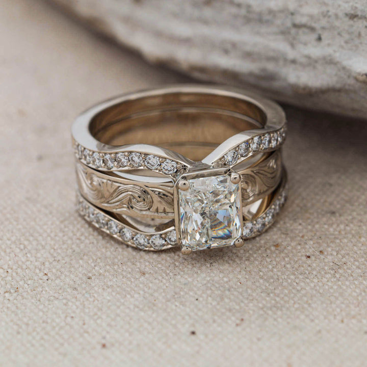 Radiant Diamond Pave Ring with Matching Hand Engraved Scroll Band