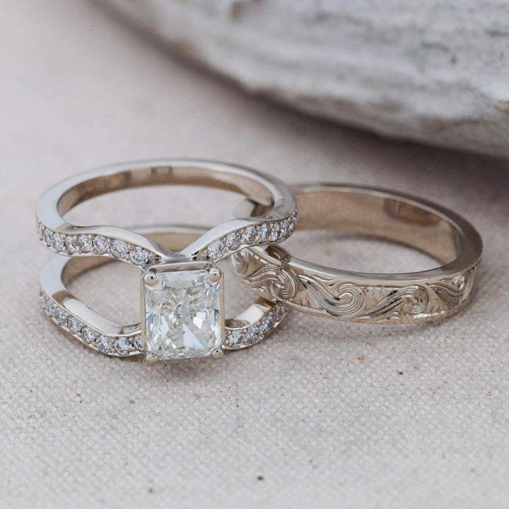 Radiant Diamond Pave Ring with Matching Hand Engraved Scroll Band