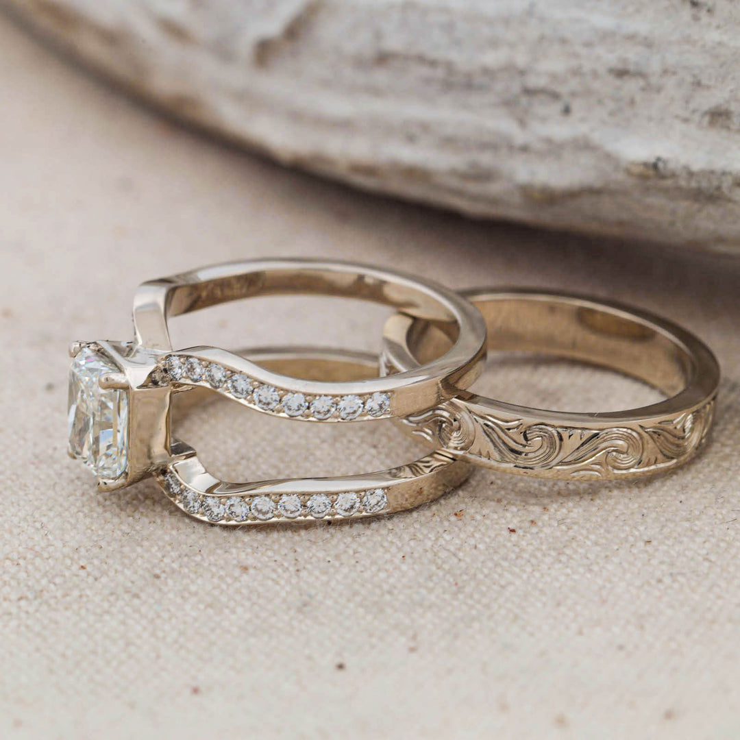 Radiant Diamond Pave Ring with Matching Hand Engraved Scroll Band