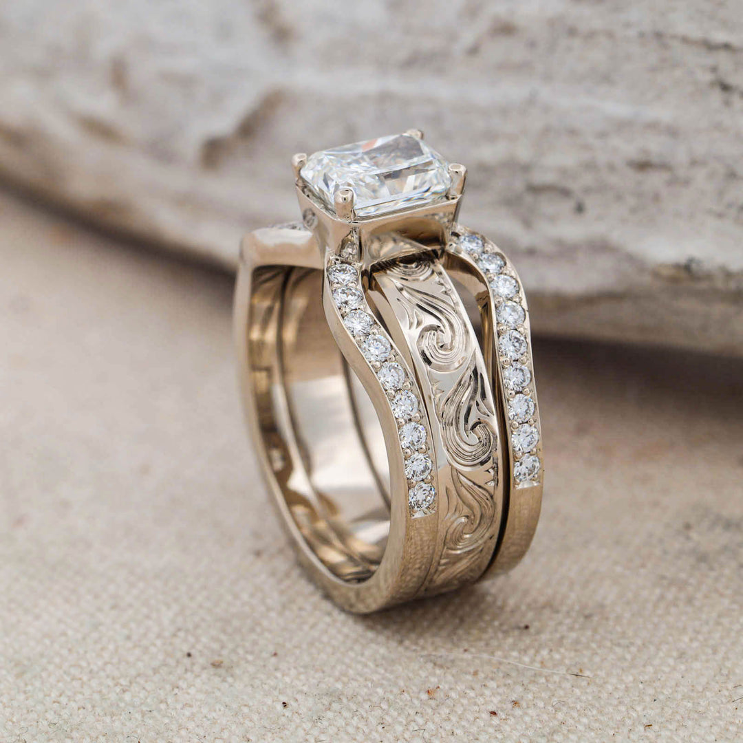Radiant Diamond Pave Ring with Matching Hand Engraved Scroll Band