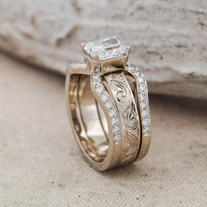Radiant Diamond Pave Ring with Matching Hand Engraved Scroll Band