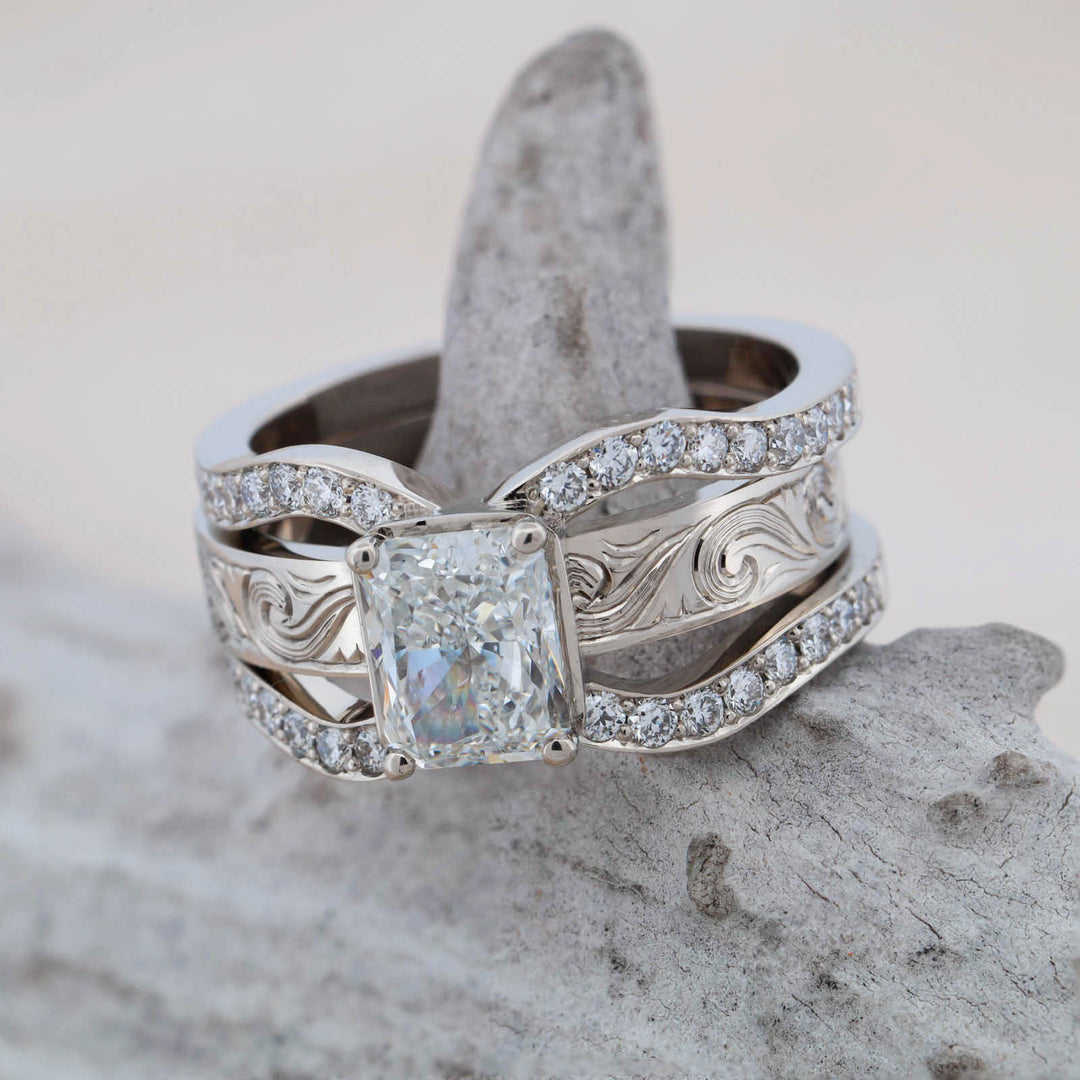 Radiant Diamond Pave Ring with Matching Hand Engraved Scroll Band