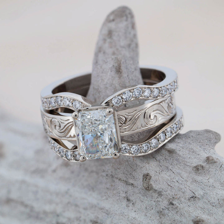 Radiant Diamond Pave Ring with Matching Hand Engraved Scroll Band