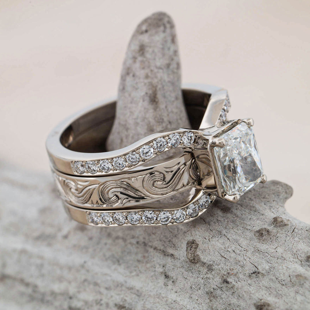 Radiant Diamond Pave Ring with Matching Hand Engraved Scroll Band