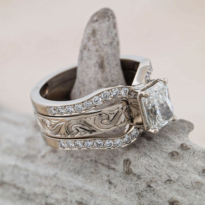 Radiant Diamond Pave Ring with Matching Hand Engraved Scroll Band