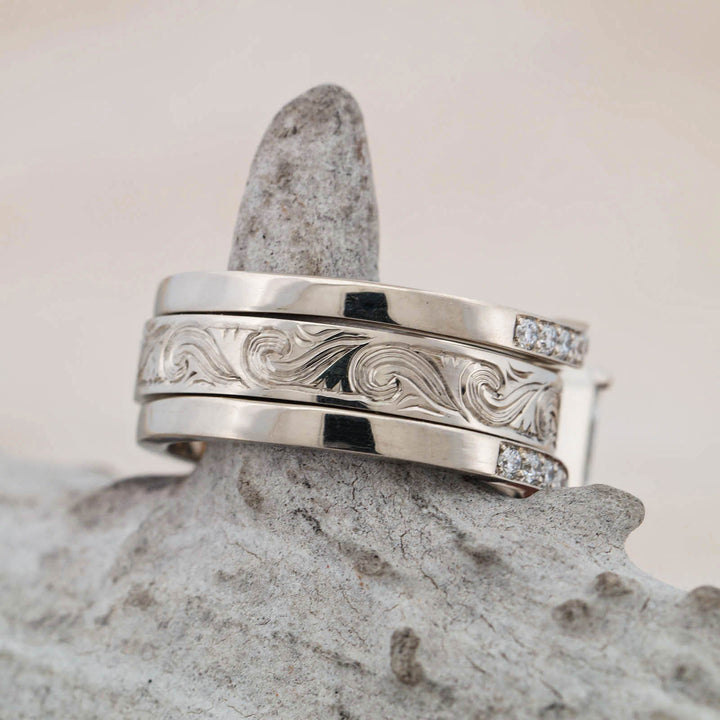 Radiant Diamond Pave Ring with Matching Hand Engraved Scroll Band