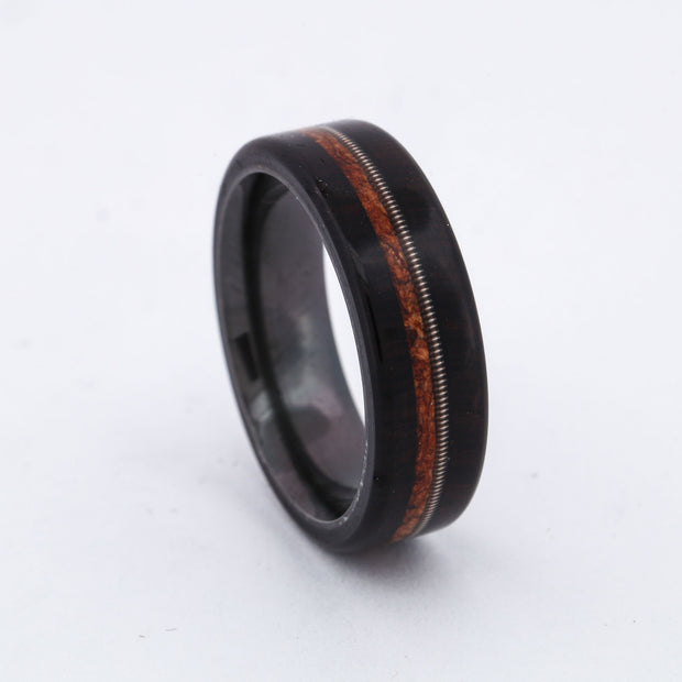 SALE RING -  Black Zirconium, Blackwood, Cork & Guitar String - Size 7.5