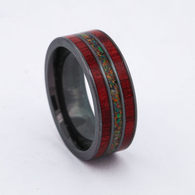 SALE RING -  Black Zirconium, Purple Heart Wood, & Black Opal - Size 9.5