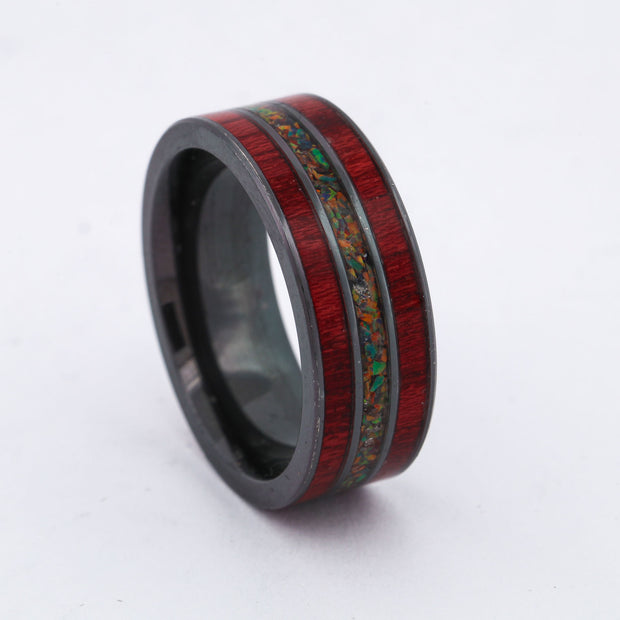 SALE RING -  Black Zirconium, Purple Heart Wood, & Black Opal - Size 9.5