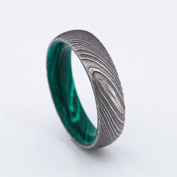 SALE RING -  Polished Damascus Steel & Malachite Inlay - Size 10.75