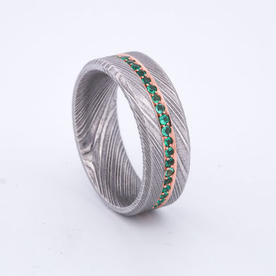 SALE RING -  Polished Damascus Steel, Rose Gold, & Emeralds - Size 10