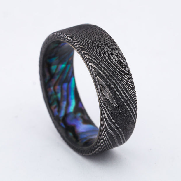 SALE RING -  Dark Damascus Steel & Abalone Shell - Size 12.25