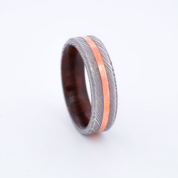 SALE RING -  Polished Damascus Steel, Rose Gold, and Walnut  - Size 8.25