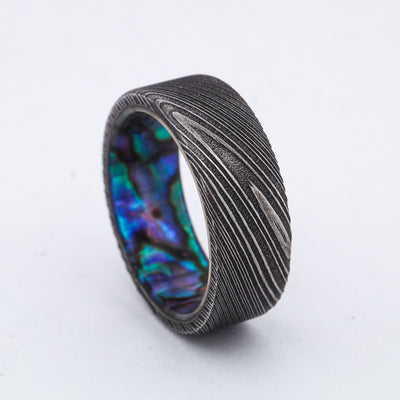 SALE RING -  Dark Damascus Steel & Abalone Shell - Size 8.25