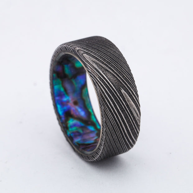 SALE RING -  Dark Damascus Steel & Abalone Shell - Size 8.25