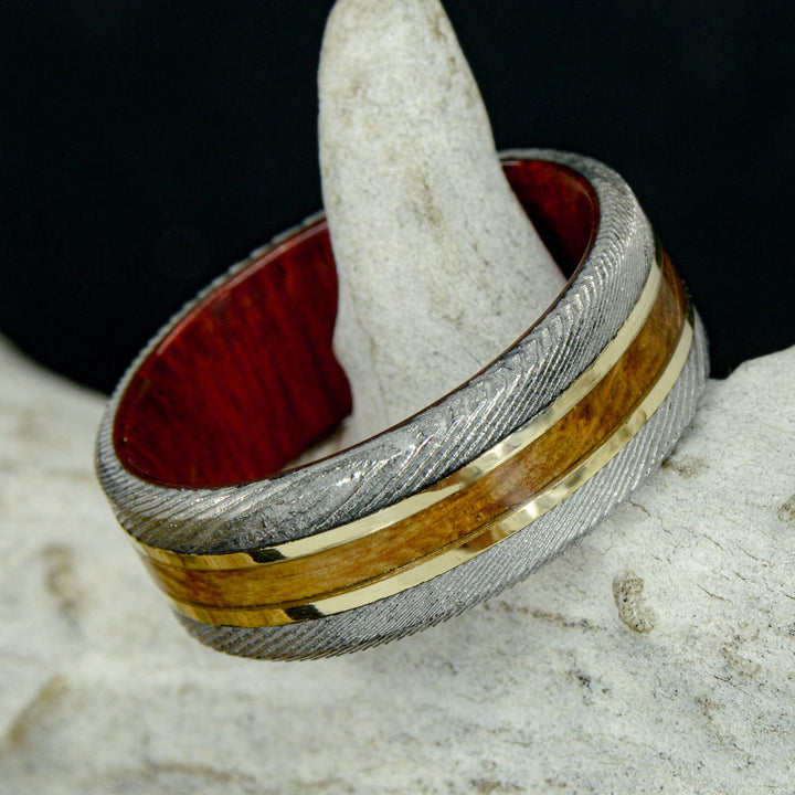 Polished Damascus Steel, Rose Gold, Bloodwood, Whiskey Barrel Wood