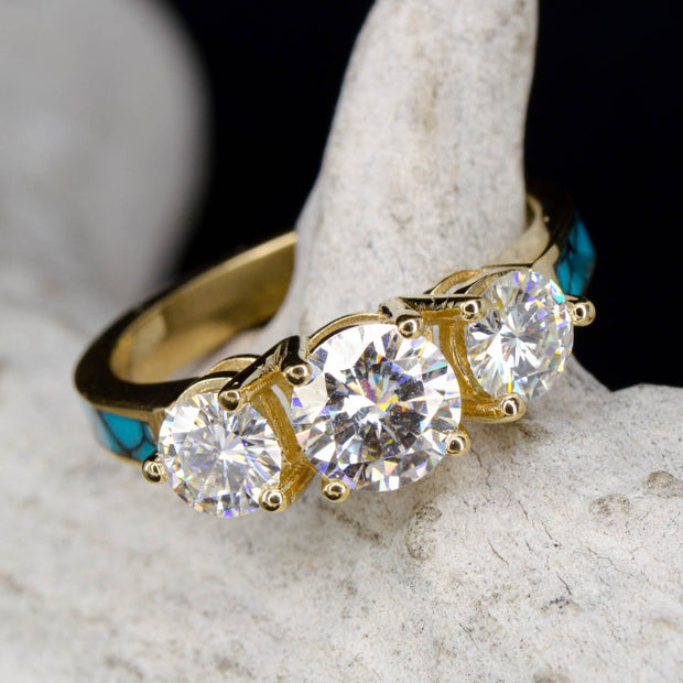 Gold 3 Diamond Ring with Turquoise Band