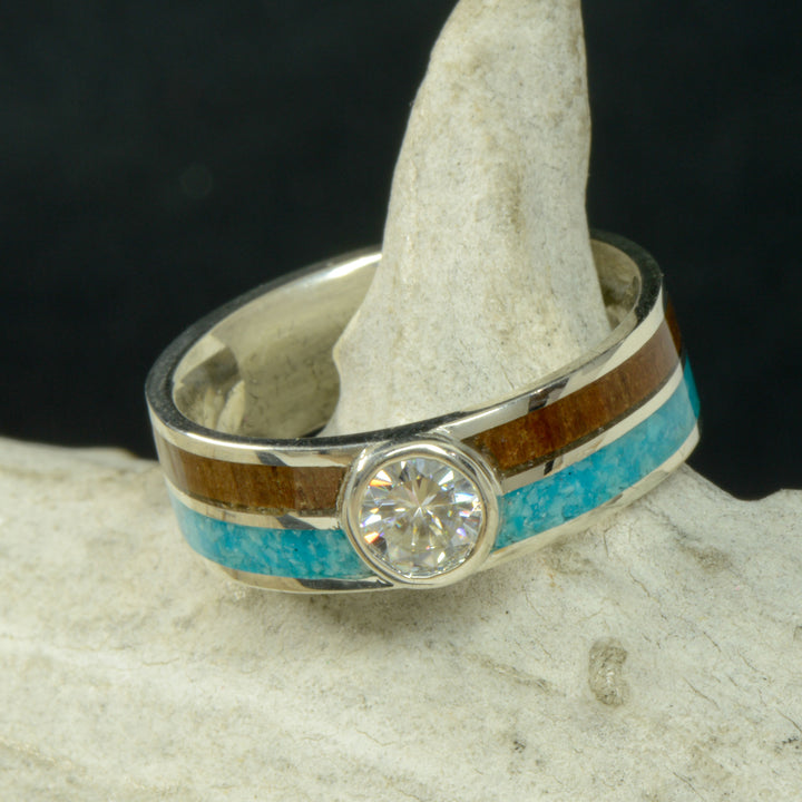 Gold or Silver, Round Diamond, Koa Wood, & Turquoise