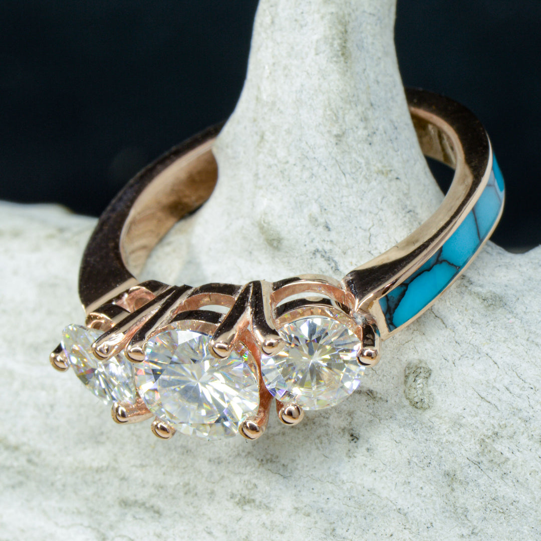 Gold 3 Diamond Ring with Turquoise Band