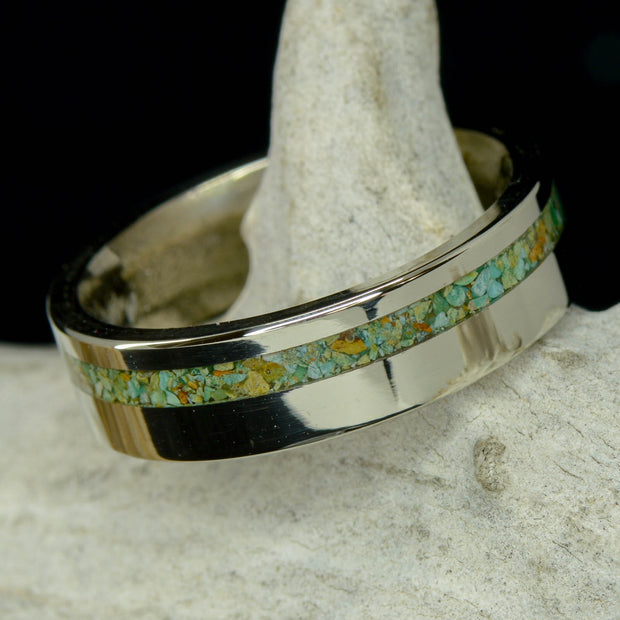 Green Blue Turquoise Inlaid into Gold Band