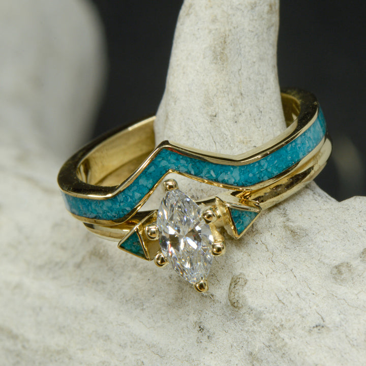 Marquise Diamond and Turquoise with Turquoise V-Ring Stacking Band