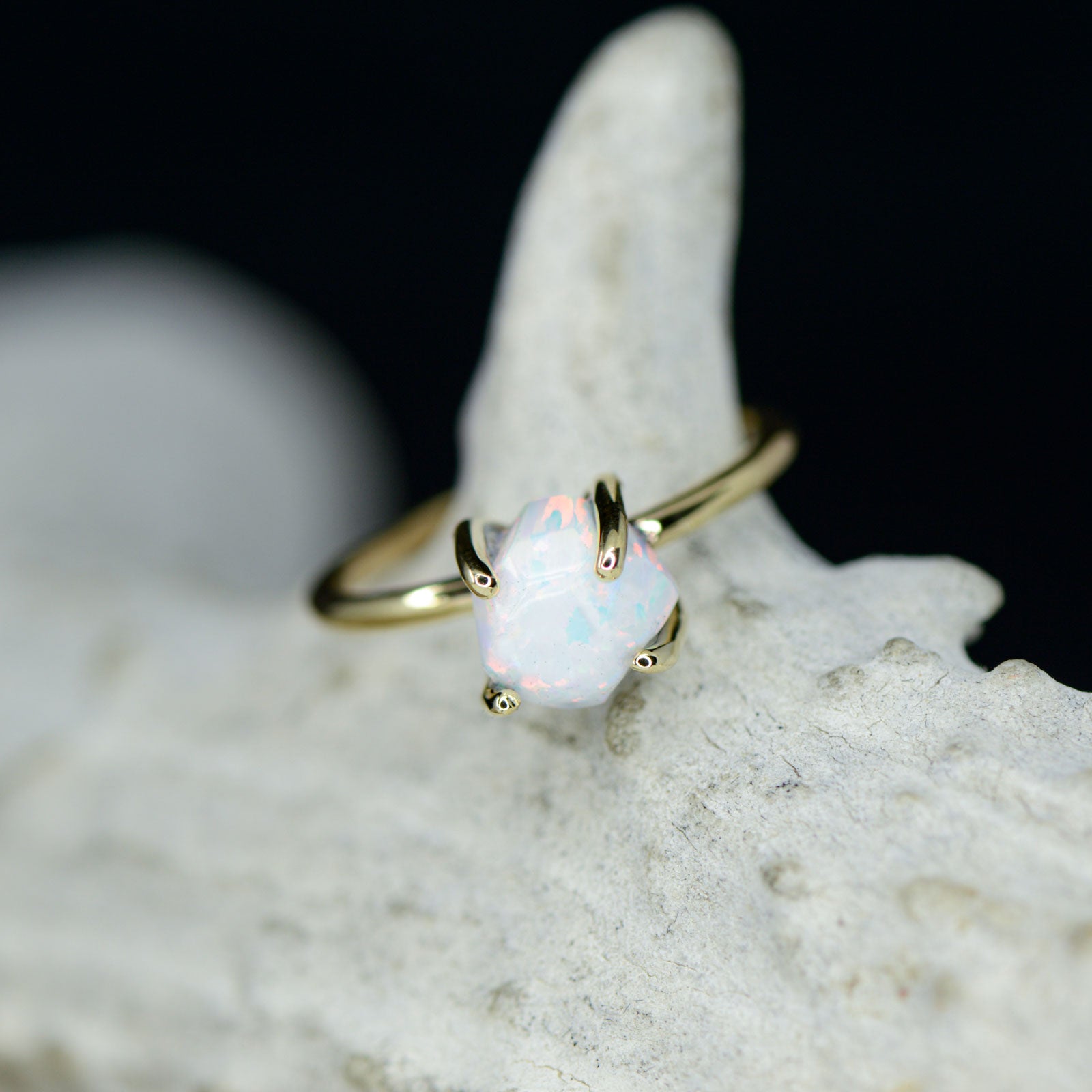 Raw Cut Opal Solitaire Ring 10K Yellow Gold