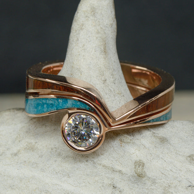 Wavy Moissanite Engagement Ring with Rosewood & Turquoise Inlays