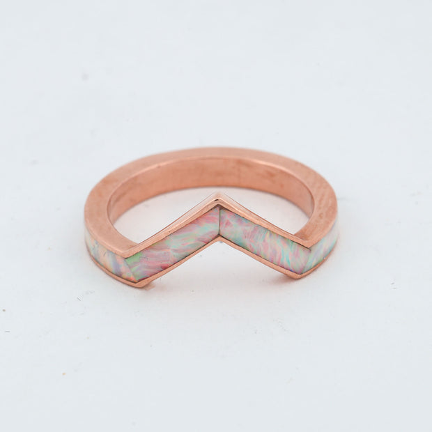 SALE RING - Rose Gold V-Ring & White Opal Inlay - Size 6.25