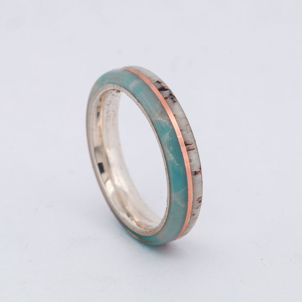 SALE RING -  Silver, Antler, Larimar, & Rose Gold - Size 7.5