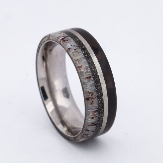 SALE RING - Stainless Steel, Buffalo Tusk, Meteorite, & Antler - Size 11.75