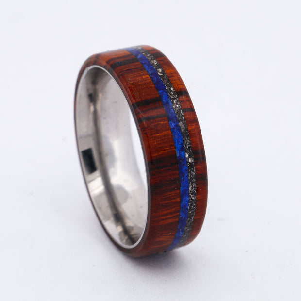 SALE RING - Stainless Steel, Ironwood, Lapis Lazuli, & Meteorite - Size 12.5