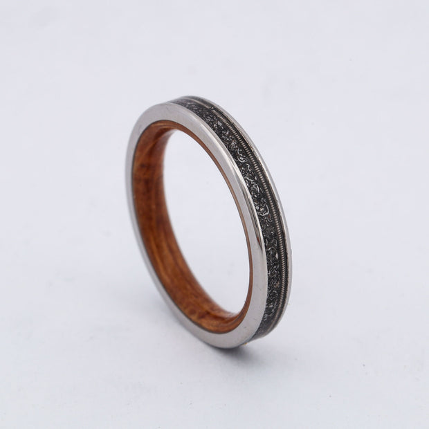 SALE RING -  Titanium, Meteorite, Guitar String, & Whiskey Barrel Wood - Size 5.25