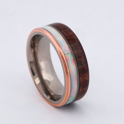 SALE RING - Titanium, Walnut, Guitar String, Rose Gold, & White Opal - Size 9