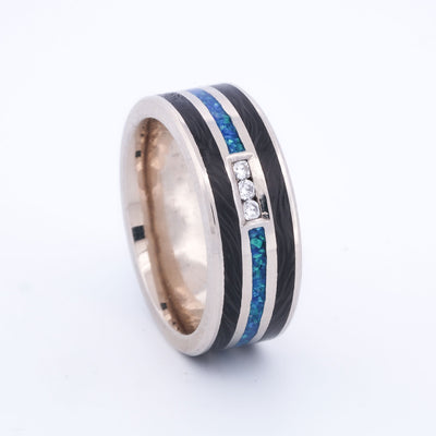 SALE RING -  White Gold, Carbon Fiber, Blue Opal, & Diamonds - Size 8