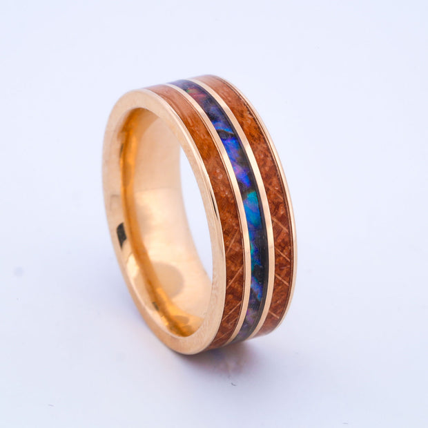 SALE RING - Yellow Gold, Abalone Shell, & Whiskey Barrel Wood - Size 11