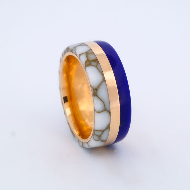 SALE RING - Yellow Gold, Lapis Lazuli, & White Marble with Gold Veins - Size 6
