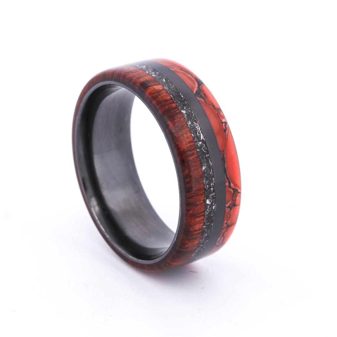 SALE RING - Black Zirconium, Rosewood, Meteorite, & Dinosaur Bone  - Size 12