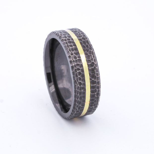 SALE RING -  Hammered Black Zirconium, & Yellow Gold - Size 8.75