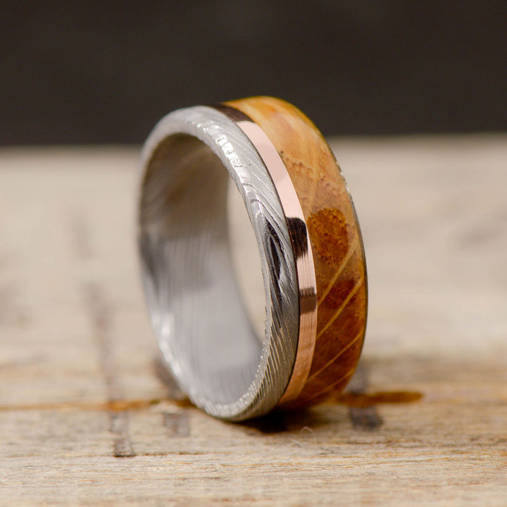 Polished Damascus Steel, Rose Gold, Whiskey Barrel Wood