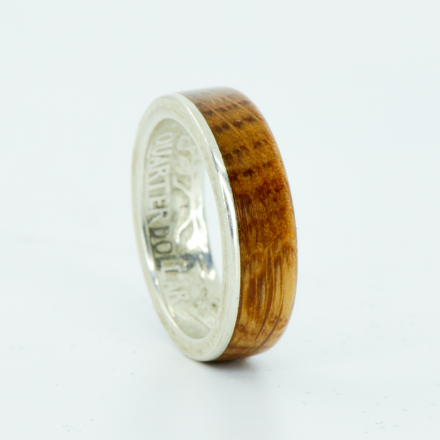 SALE RING - Silver Quarter & Whiskey Barrel Wood - Size 6.75