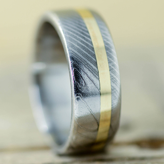 Polished Damascus Steel, Yellow Gold Inlay