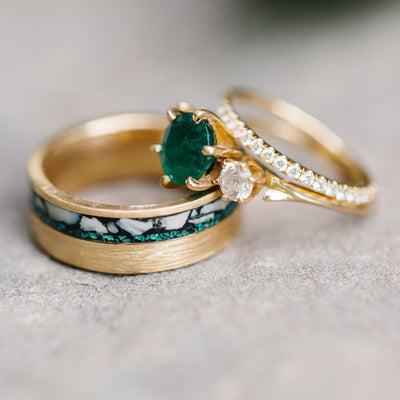 Emerald Solitaire Ring with Diamonds, & Elk Ivory, Malachite