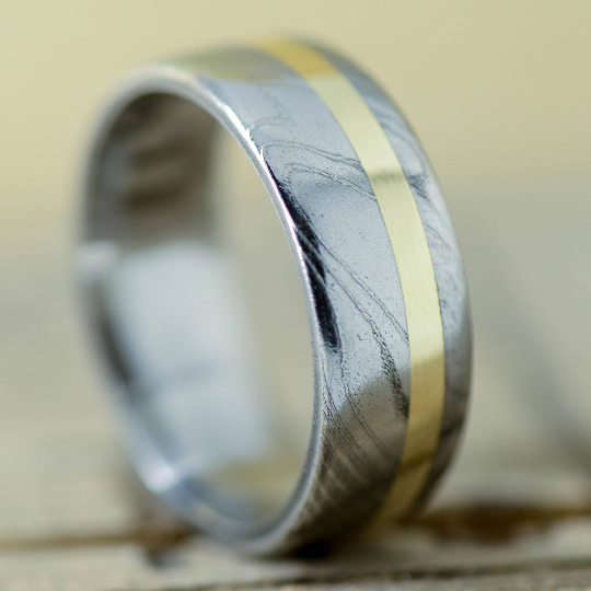 Polished Damascus Steel & Offset Gold or Silver Inlay