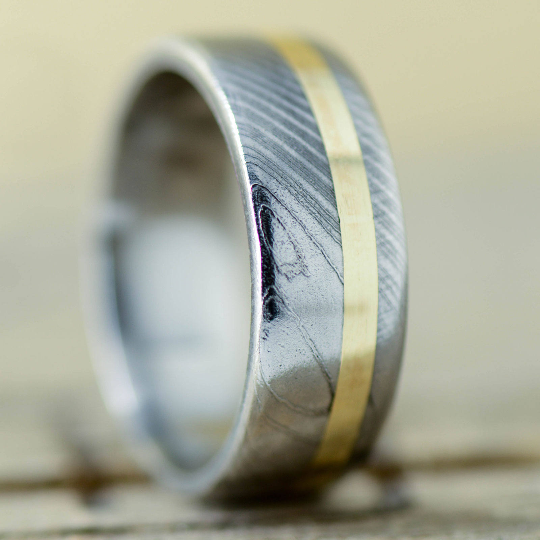 Polished Damascus Steel, Yellow Gold Inlay